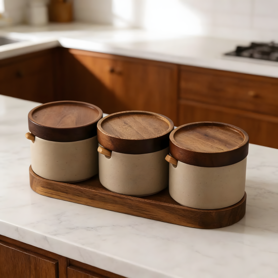 Porcelain Jar Set 3 Pcs & Wooden Stand